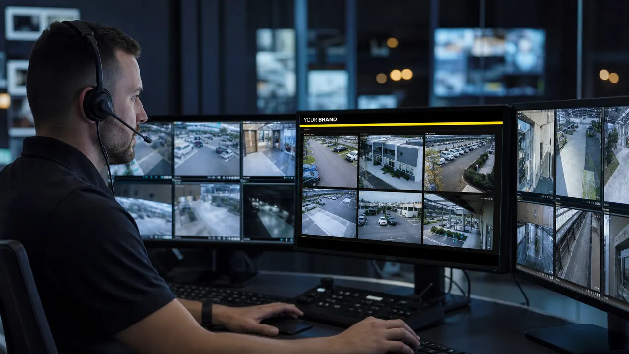 Control room operator at a multi-screen desk; the main monitor shows live CCTV under a 'YOUR BRAND' header.