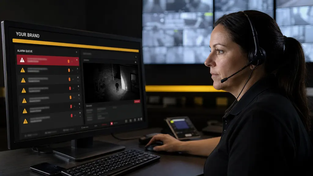 Operator handling a highlighted alarm in an alarm queue on a YOUR BRAND monitor.