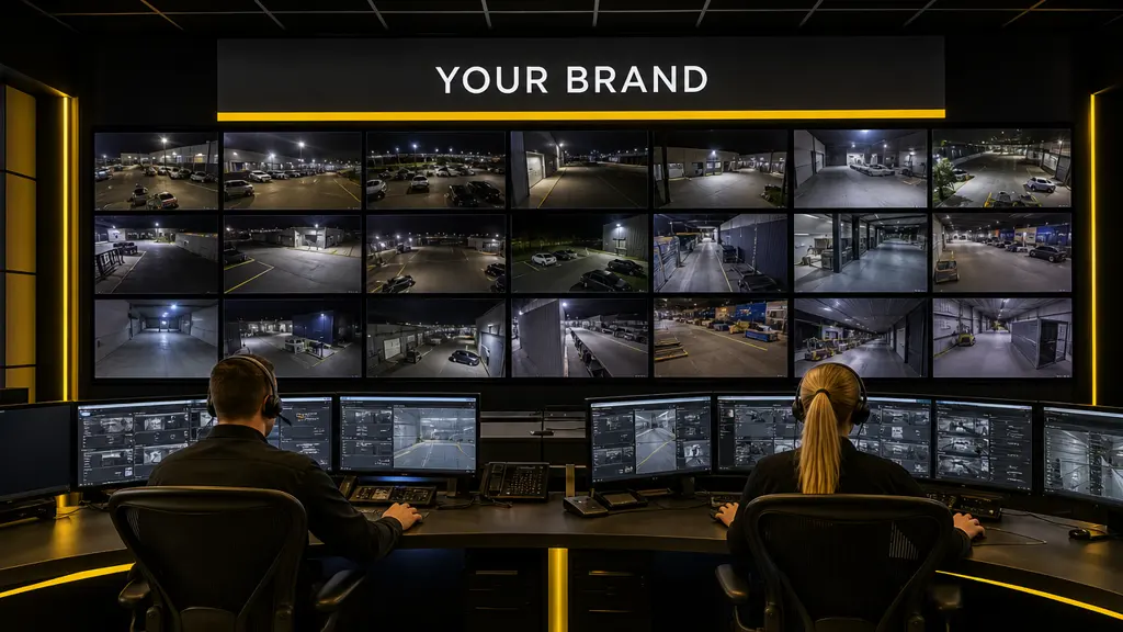 Operators at desks in front of a video wall of live CCTV feeds under a YOUR BRAND banner.