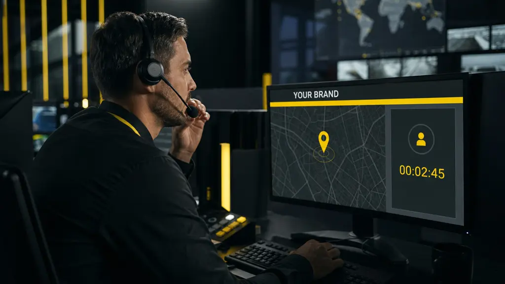 Operator with a headset on a welfare call, monitor showing a map location pin.